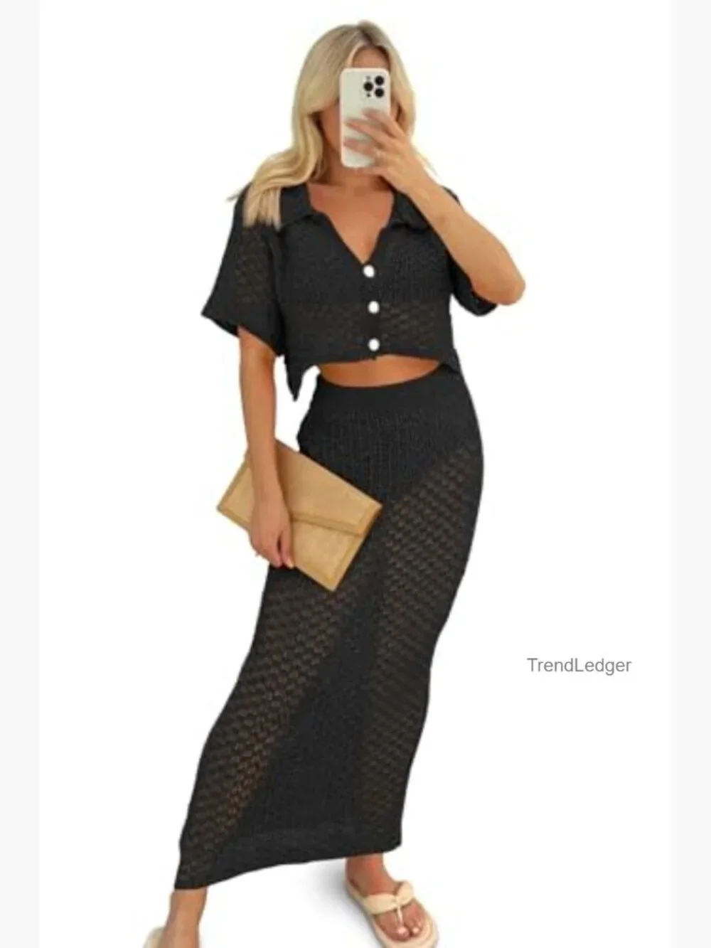 Crochet Knit Crop Top & Bodycon Long Skirt 2 Piece Cover Up Set - Picture 2 of 7